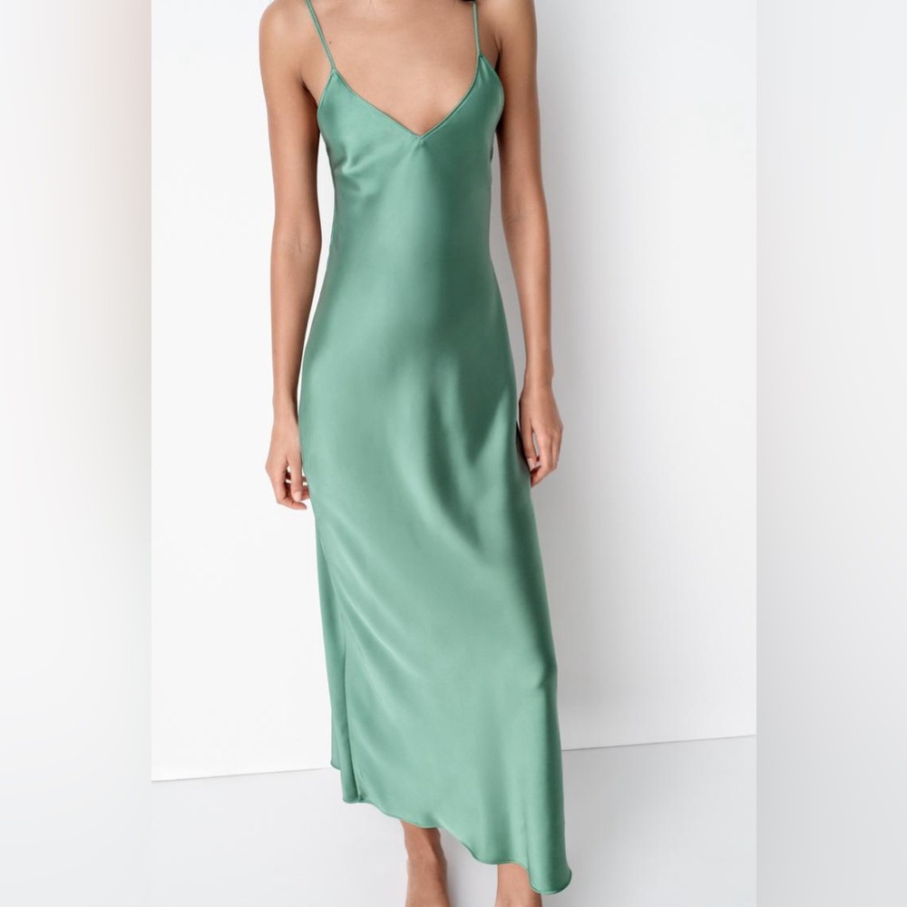 Zara Emerald Green Maxi Dress Satin Slip Wedding Evening Party - Picture 6 of 13